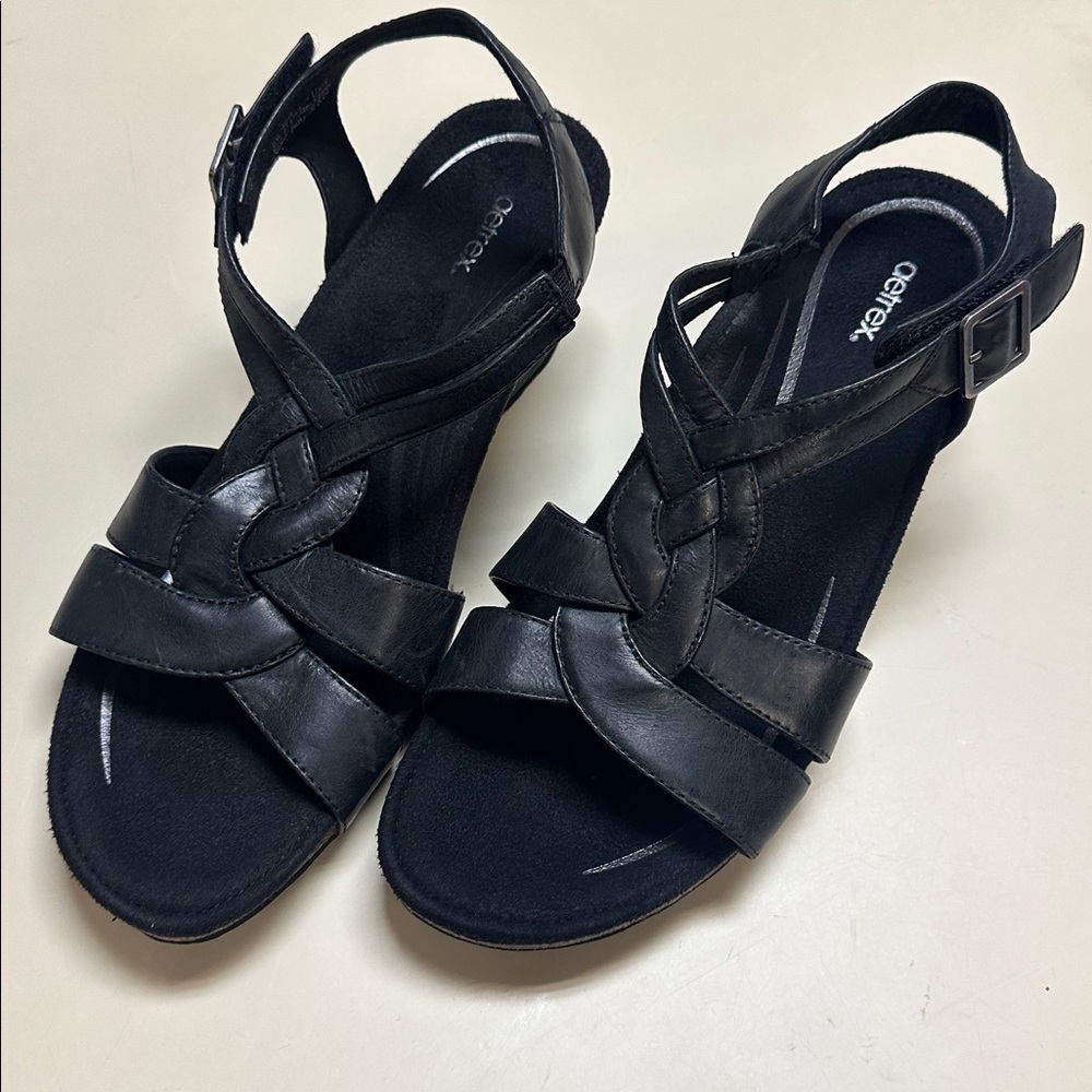 New but previously owned and returned: Aetrex Black Leather Sandals